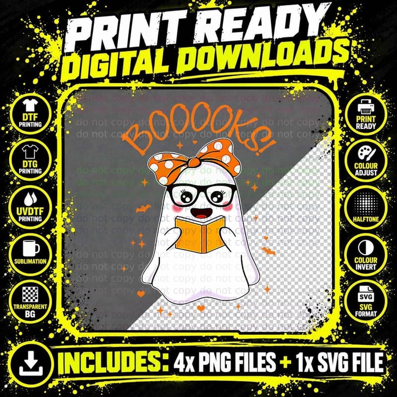 Booooks Ghost Halloween Women Teacher Book Library Png SVG Digital Bundle