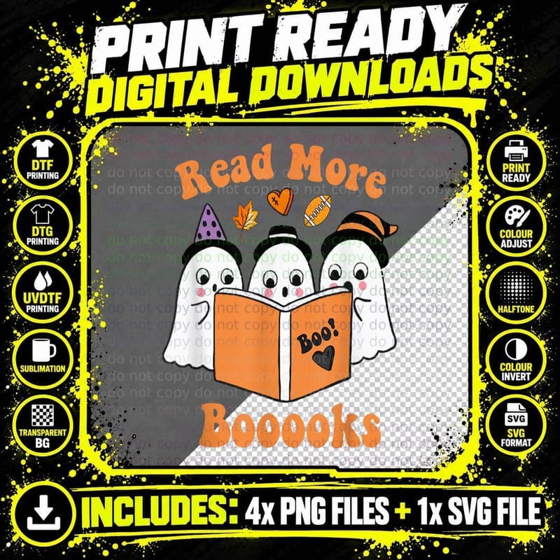 Booooks Ghost Read More Books Witch Hat Halloween T-Shirt Png SVG Digital Bundle