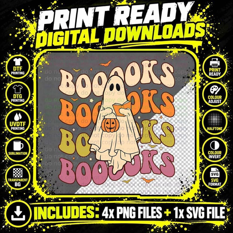 Booooks Groovy Cute Ghost Book Retro Reading Halloween Png SVG Digital Bundle