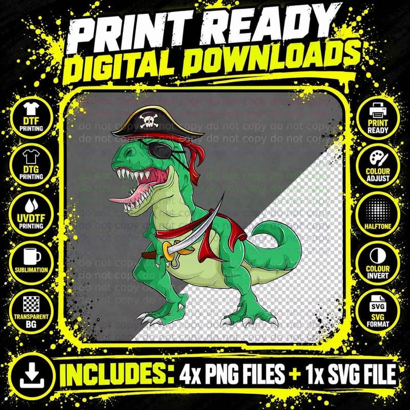 Boys Kids Pirate Dinosaur Shirts, Men Sailor T-Rex Png SVG Digital Bundle