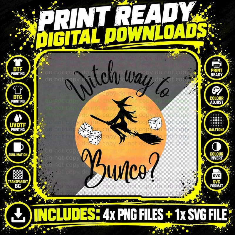 Bunco Halloween Witch Way to Bunco Dice Moon, Costume Png SVG Digital Bundle