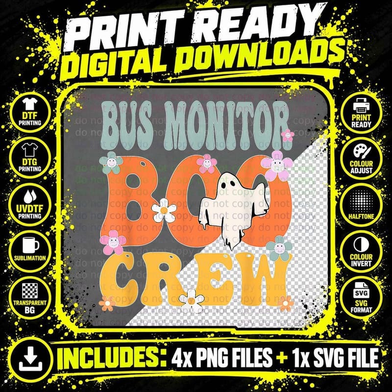 Bus Monitor Boo Crew Ghost Retro Groovy Halloween for Png SVG Digital Bundle