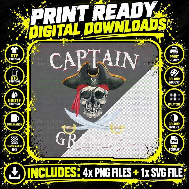 Captain Grandpa Halloween Skull Pirate Hat Png SVG Digital Bundle