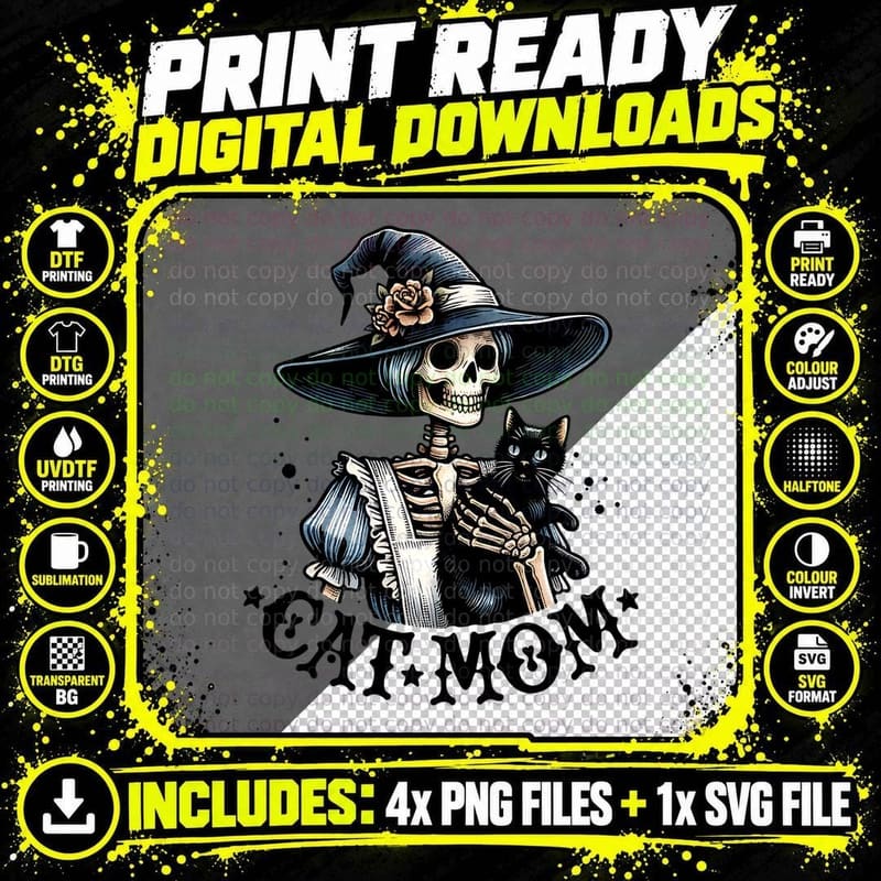 Cat Mom Witch Skeleton, Halloween, Goth, Horror T-Shirt Png SVG Digital Bundle