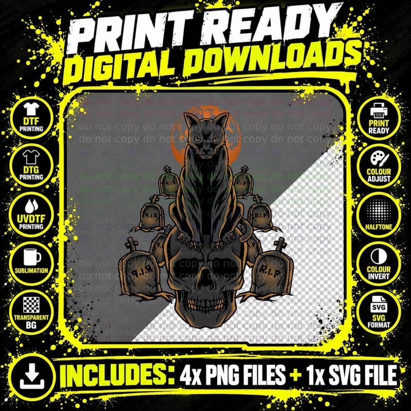 Cat Moon Halloween Graveyard Goth Skull, Gothic Horror Png SVG Digital Bundle