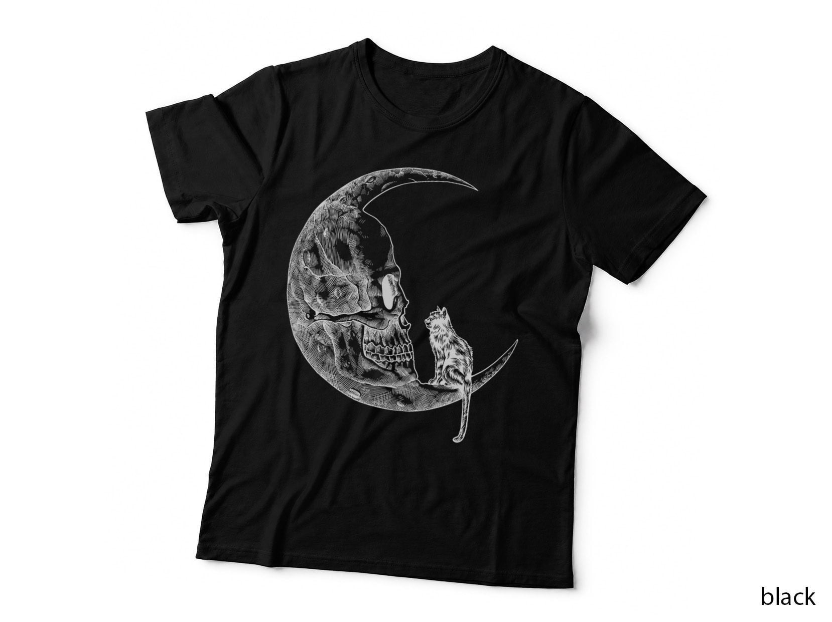 Cat Skull Moon Skeleton Band Tees - Rock and Roll Graphic, Gothic T-Shirt