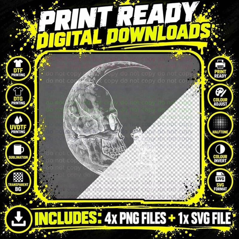 Cat Skull Moon Skeleton Band Tees - Rock and Roll Png SVG Digital Bundle