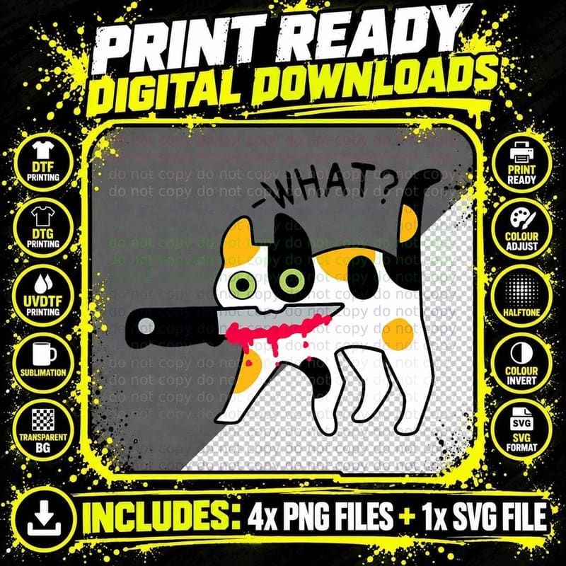 Cat What Murderous Calico Cat with Knife Halloween Png SVG Digital Bundle