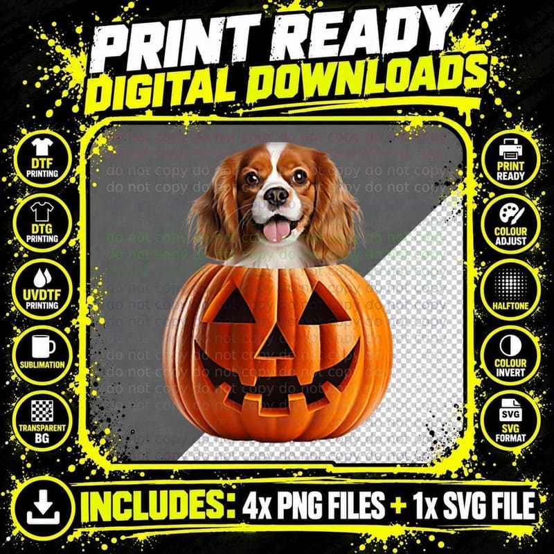 Cavalier King Charles Spaniel Dog Pocket Halloween Png SVG Digital Bundle