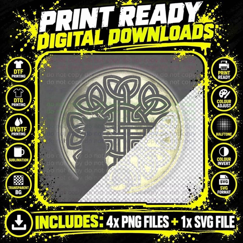 Celtic Knot Cat and the Moon Halloween, Witchy, Boho Png SVG Digital Bundle