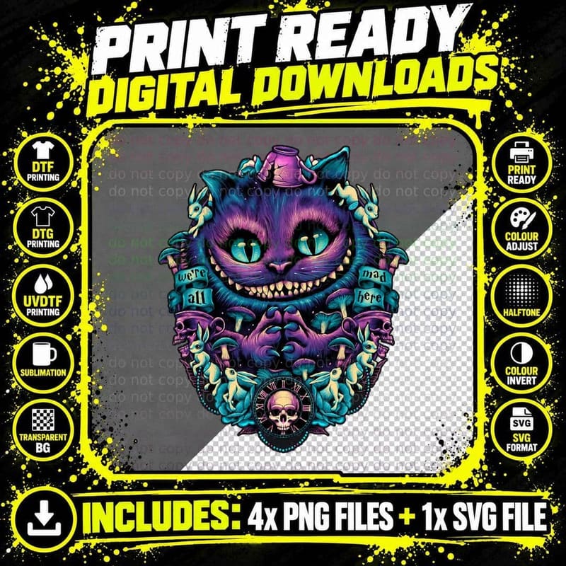 Cheshire Cat Shirt Alice in Wonderland Graphic, Unisex Png SVG Digital Bundle