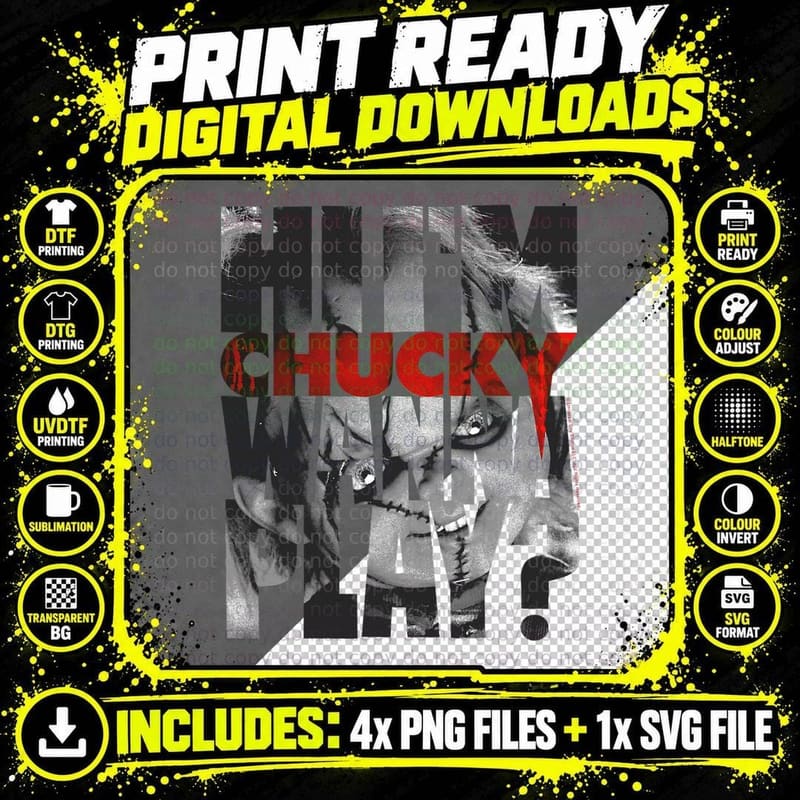 Child's Play Hi I'm Chucky Wanna Play Text Fill Png SVG Digital Bundle