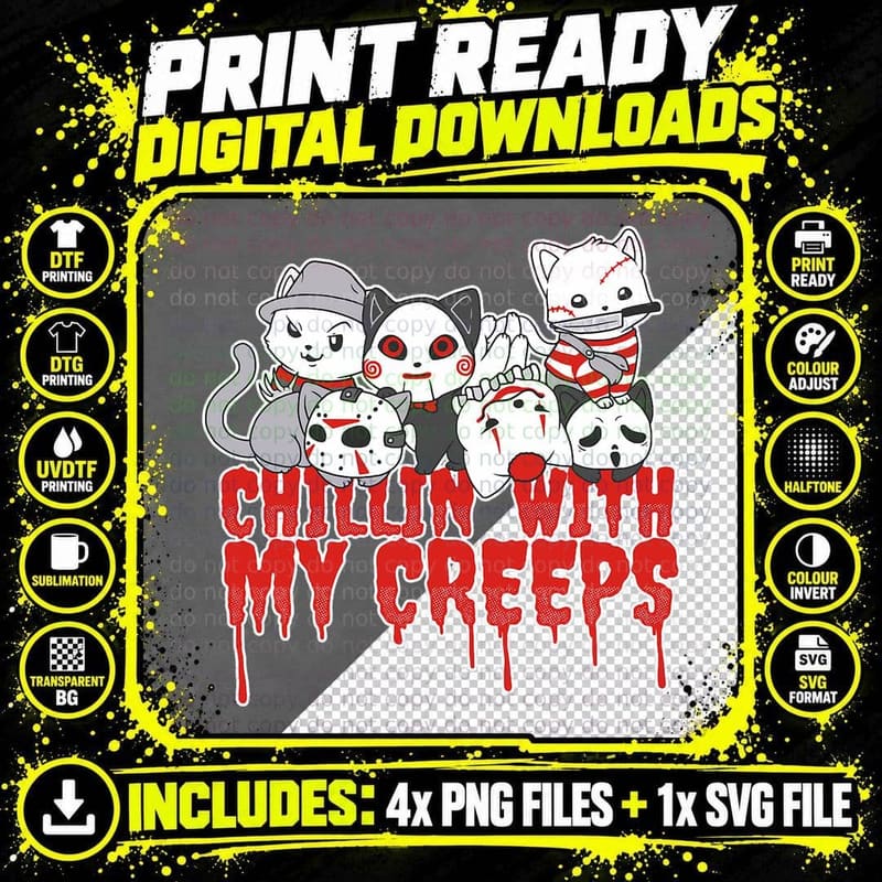 Chillin with My Creeps Cat Horror Serial Killer Png SVG Digital Bundle