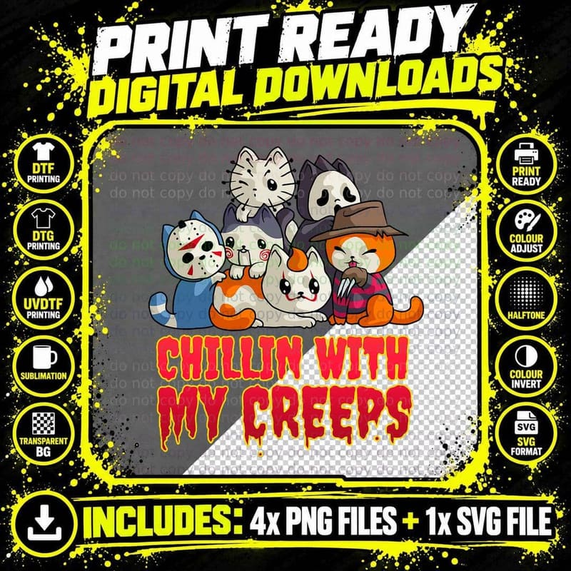 Chillin with My Creeps Funny Cat Horror Movies Serial Png SVG Digital Bundle