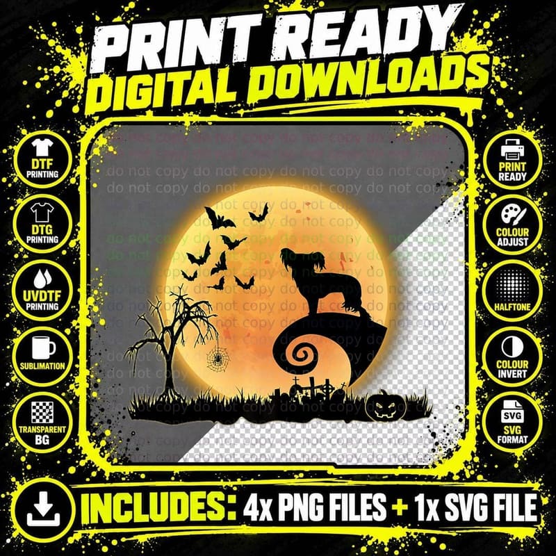 Chinese Crested Dog Scary and Moon Funny Halloween Png SVG Digital Bundle