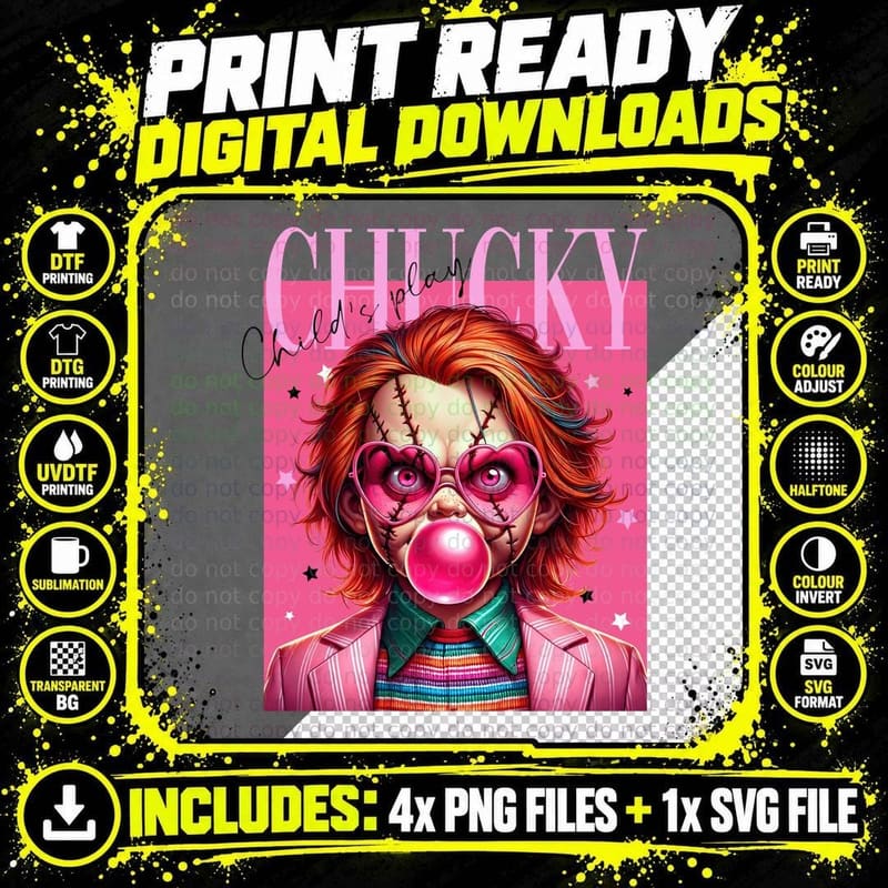 Chucky Bubblegum Pop T-Shirt, Retro Horror Style Png SVG Digital Bundle