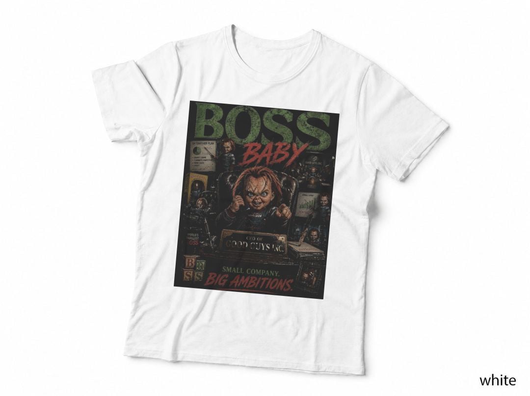 Chucky Vintage Horror Tiny CEO Office Boss Childs Play Slasher Halftone T-Shirt