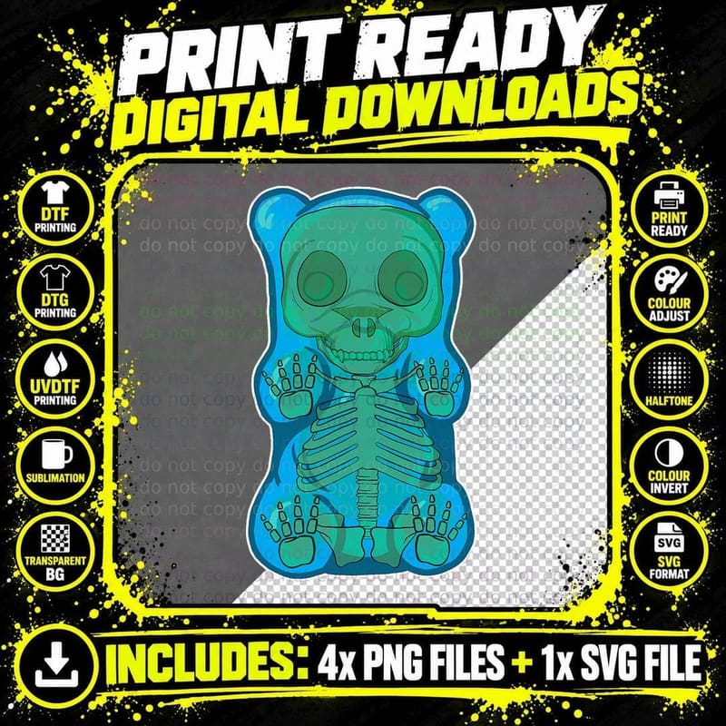 Classic Blue Gummy Bear Skeleton Anatomy Halloween Png SVG Digital Bundle