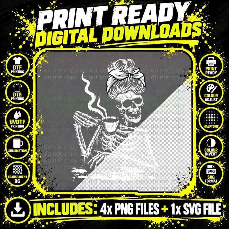 Coffee Drinking Skeleton Lazy DIY Halloween Costume Png SVG Digital Bundle