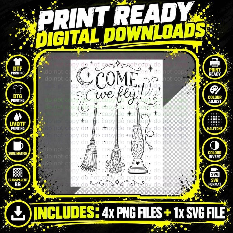 Come We Fly Witch Brooms T-Shirt Witchy Halloween Png SVG Digital Bundle