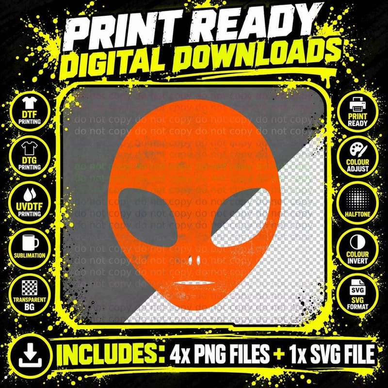 Cool Orange Alien Head Halloween Space UFO Png SVG Digital Bundle