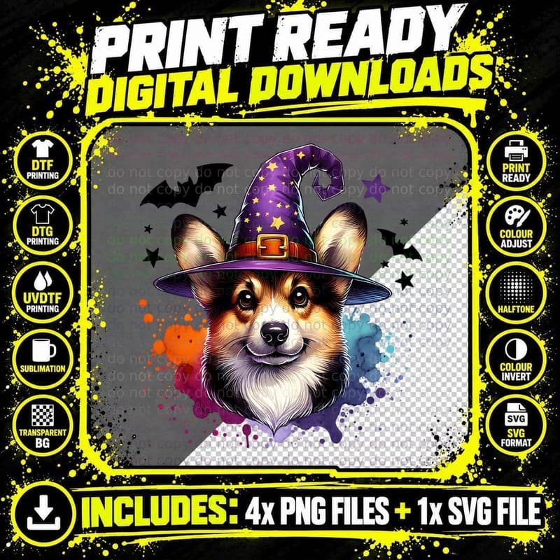 Corgi in Witch Hat Halloween, Cute Dog Lover T-Shirt Png SVG Digital Bundle