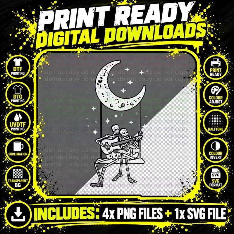 Couple Moon Swing Skeleton Guitar Cute Halloween Men Png SVG Digital Bundle