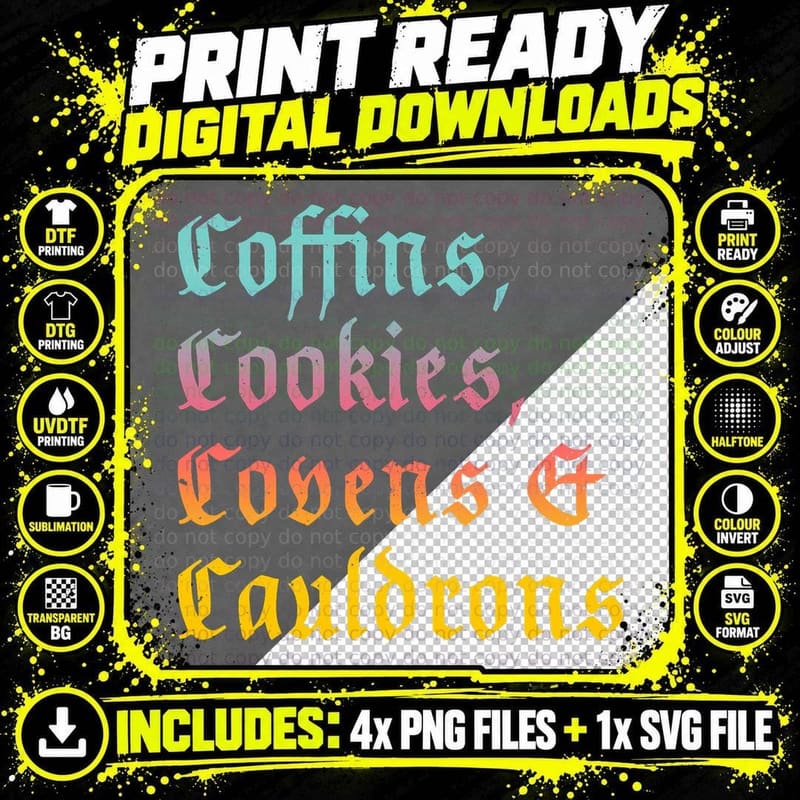 Covens Coffins Curses and Cold Brew Goth Halloween Png SVG Digital Bundle