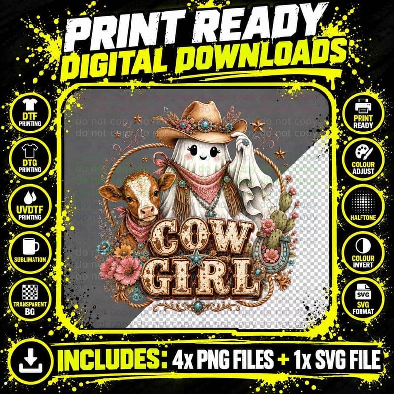 Cow Girl Western T-Shirt, Ghost Cowgirl with Calf and Png SVG Digital Bundle