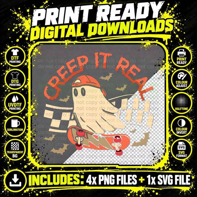 Creep It Real Ghost Skateboard Halloween Grovvy Fall Png SVG Digital Bundle