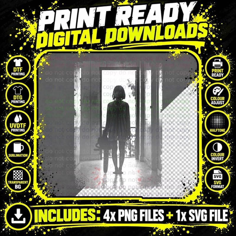 Creepy Chainsaw Girl Horror Dark Art T-Shirt Png SVG Digital Bundle