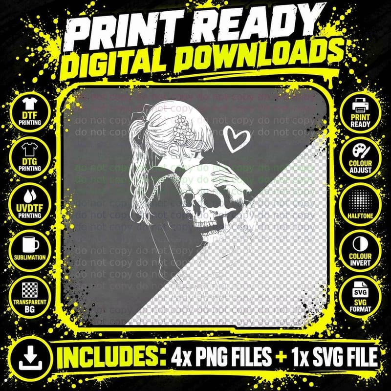 Creepy Cute Anime Schoolgirl Cuddles Skeleton Skull Dark Png SVG Digital Bundle