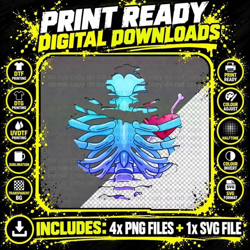 Creepy Cute Pastel Goth Heart Ribcage Skeleton Kawaii Png SVG Digital Bundle