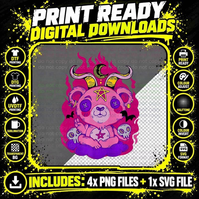 Creepy Cutie Goth Pink Teddy Bear Pastel Kawaii Cute Png SVG Digital Bundle