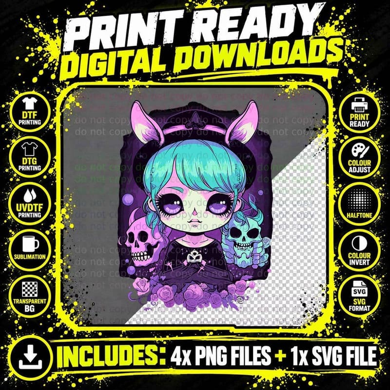 Creepy Kawaii Pastel Goth Girl Whimsigoth Skulls & Png SVG Digital Bundle