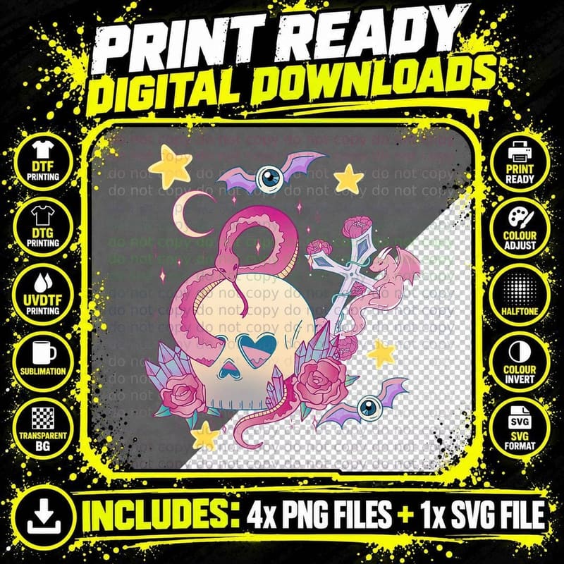 Creepy Kawaii Pastel Goth Occult Skull Snake Roses Png SVG Digital Bundle