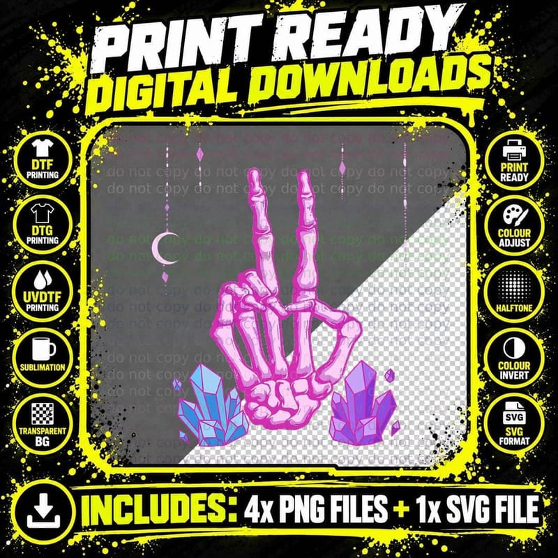 Creepy Kawaii Pastel Goth Skeleton Hand Peace Sign Png SVG Digital Bundle