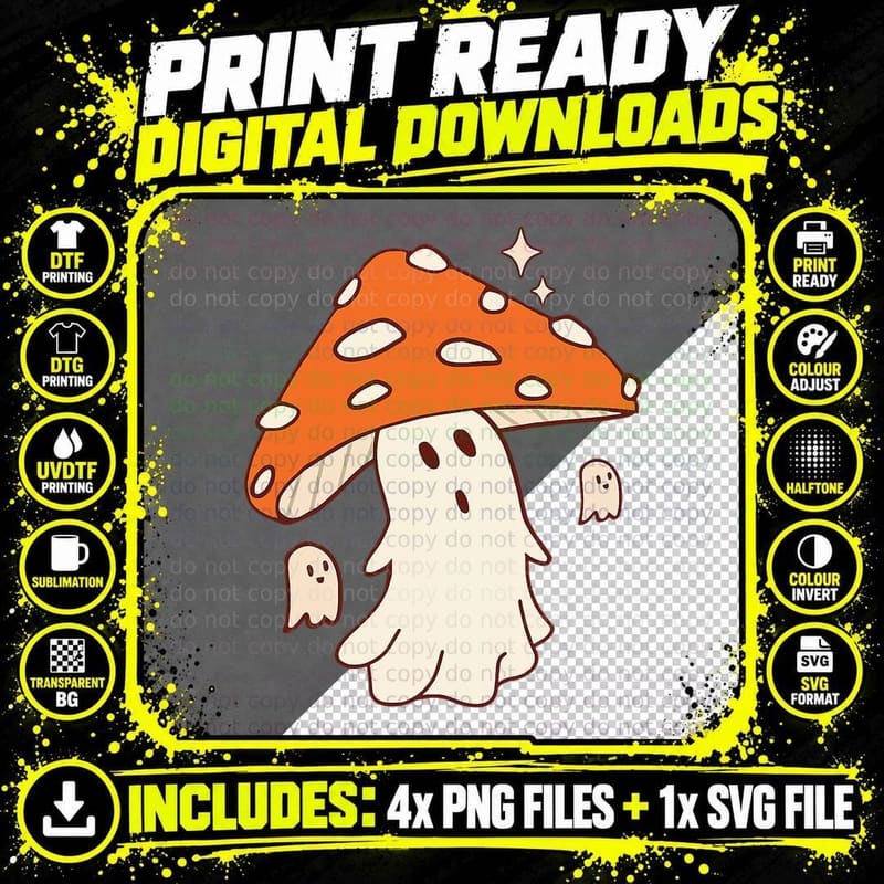 Creepy Mushroom Ghost Halloween Spooky Season Women Png SVG Digital Bundle