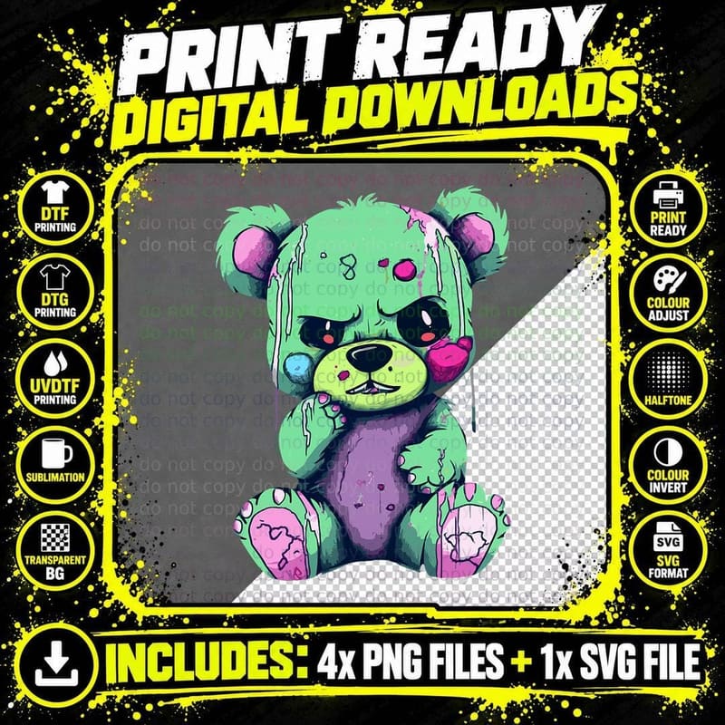 Creepy Teddy Bear Pastel Goth Stuffed Toy Menhera Anime Png SVG Digital Bundle