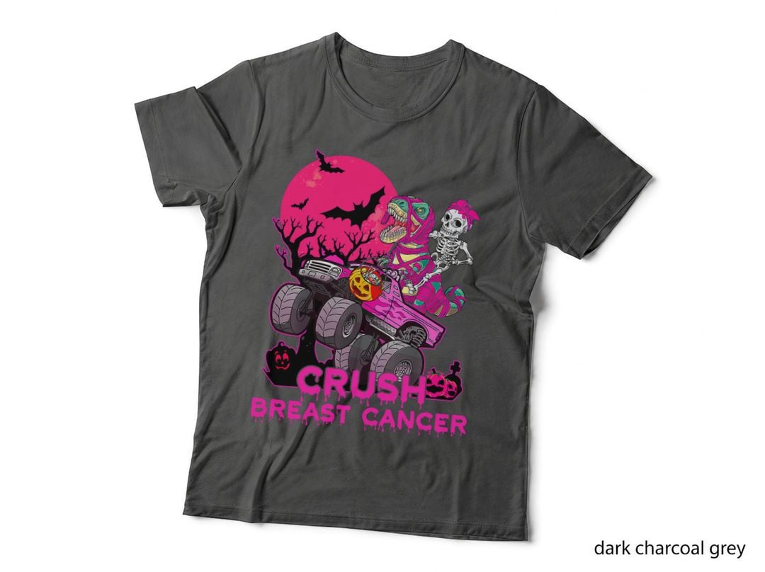 Crush Breast Cancer Skeleton Monster Truck Halloween Boy Kid T-Shirt