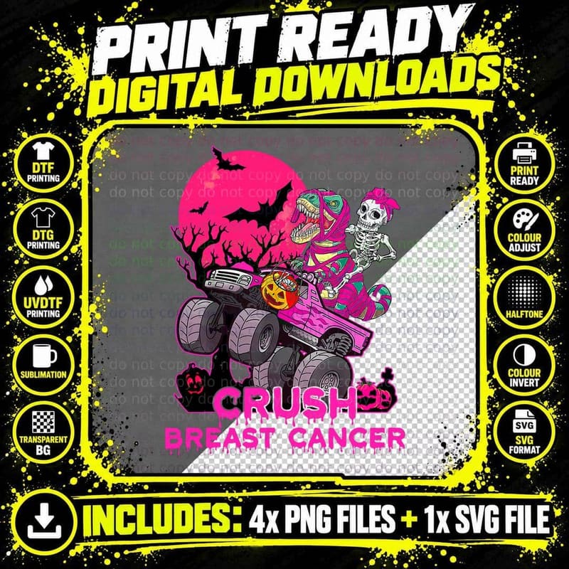 Crush Breast Cancer Skeleton Monster Truck Halloween Boy Png SVG Digital Bundle