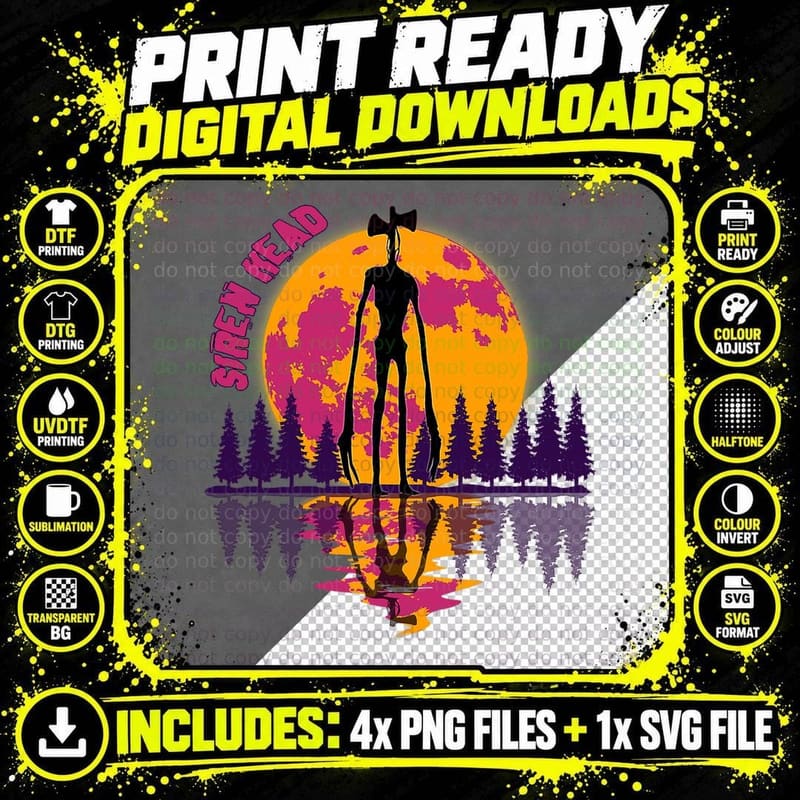 Cryptid Full Moon and Siren Head, Horror Art Png SVG Digital Bundle
