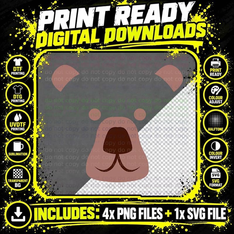 Cute Bear Face Funny Cartoon Halloween Bear Silhouette Png SVG Digital Bundle