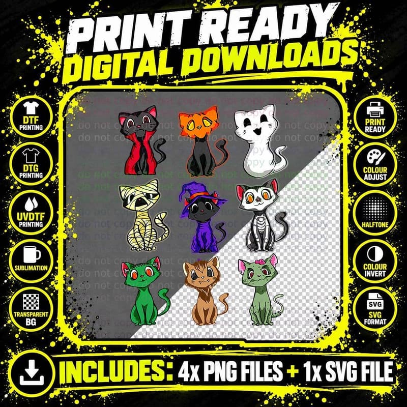 Cute Cat Funny Halloween Outfit Costumes, Halloween Png SVG Digital Bundle