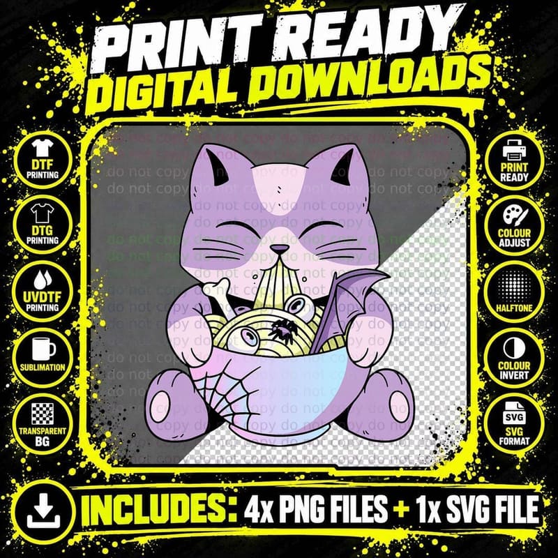 Cute Creepy Pastel Goth Kawaii Cat Eating Halloween Png SVG Digital Bundle