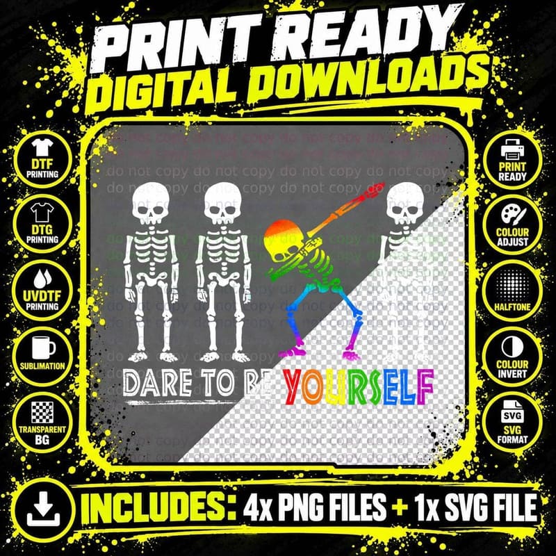 Cute Funny Skeleton Dare to Be Yourself LGBT Pride Month Png SVG Digital Bundle