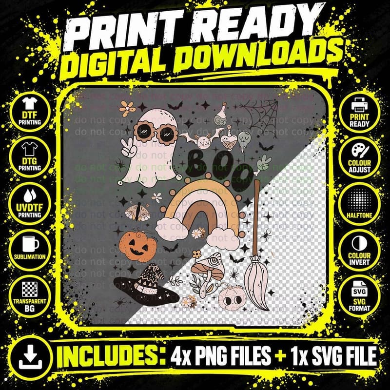 Cute Ghost Boo, S Witch Hat Pumpkin Happy Halloween Men Png SVG Digital Bundle