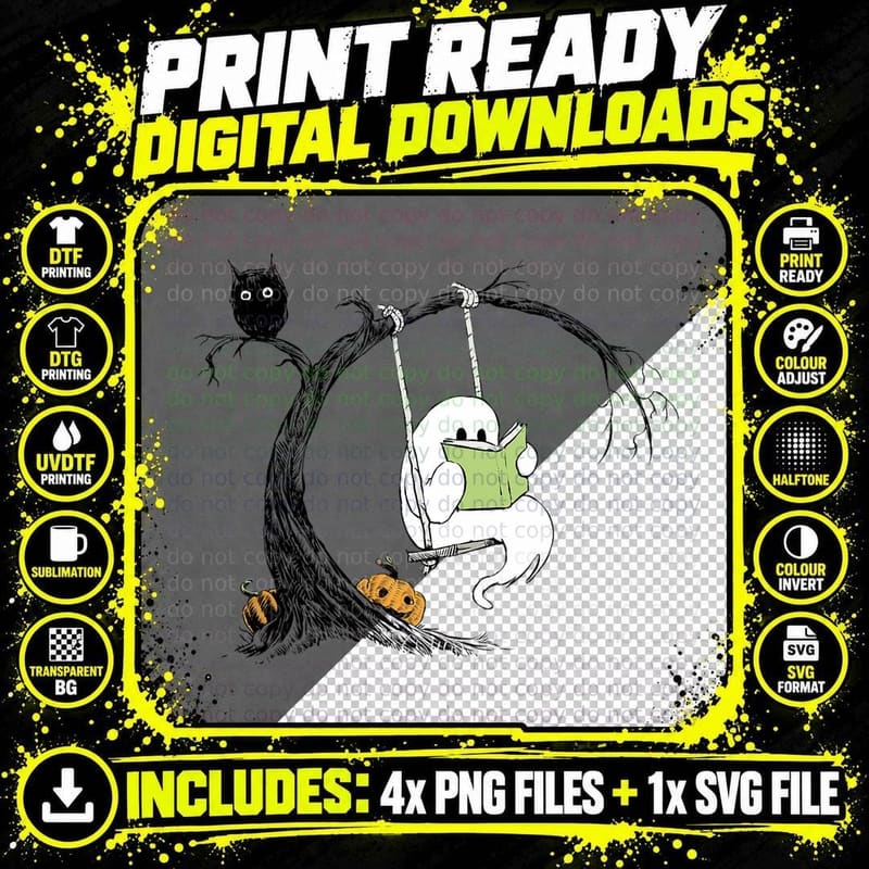 Cute Ghost Costume Reading Book Halloween, Spooky, Fall Png SVG Digital Bundle