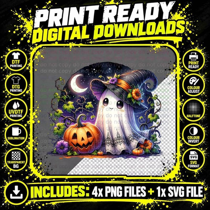 Cute Ghost with Jack O Lantern Halloween, Horror Png SVG Digital Bundle