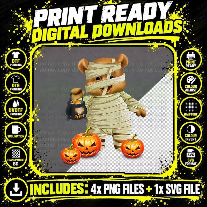 Cute Halloween Pumpkin Funny Mummy Bear Men Women Png SVG Digital Bundle